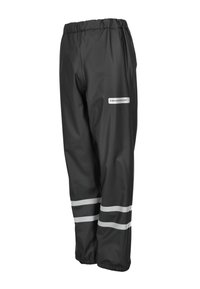 Sorte vandtætte bukser med elastisk talje, reflekterende striber nær bunden og et logo-patch. Glat tekstur, funktionelt design.