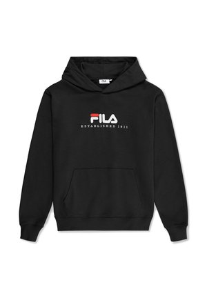 Svart hoodie i mjukt tyg, med en känguruficka, ribbade ärmslut och en vit och röd 'FILA'-logotyp med texten "ETABLERADE 1911."