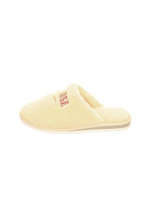 Yellow fluffy slippers with a soft texture, open toe design, and a stitched "USA" logo on the upper side. Lightweight sole.