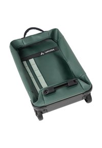 Borsa verde con ruote, dotata di un manico robusto e realizzata in materiale resistente. L'interno presenta righe verde chiaro e un compartimento spazioso per riporre gli oggetti.