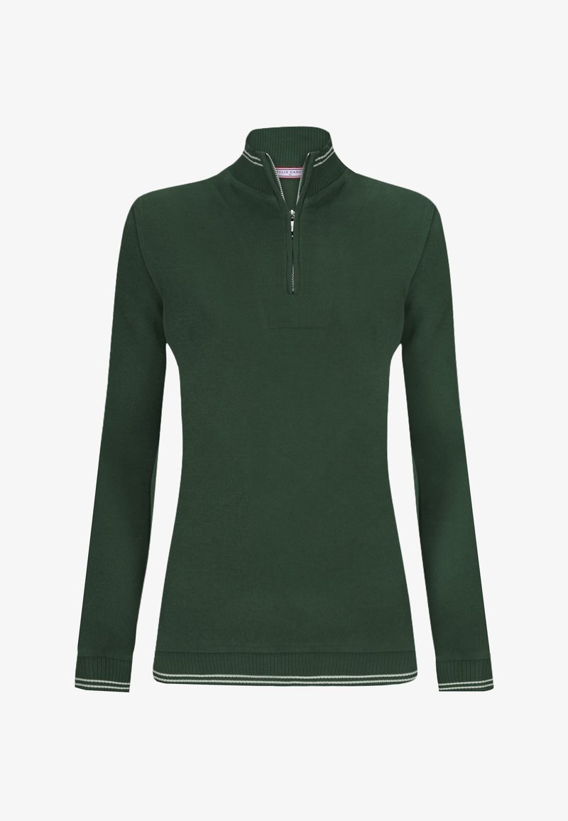 Donkergroene pullover met lange mouwen en een halve ritssluiting bij de kraag, met witte accentstrepen aan de kraag en zoom, gemaakt van een zacht gebreid materiaal.
