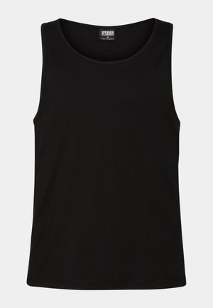 Black tank top made from soft cotton fabric. Features a round neckline and wide armholes, with no visible patterns or accents.