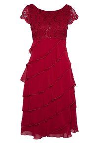 Czerwona sukienka z koronkowym gorsetem pokrytym cekinami, krótkimi rękawami w kształcie oksfordek i warstwową spódnicą z falbanami. Miękka tkanina o zwiewnym kroju.