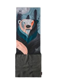Cuello de botella Buff con un gráfico de un oso en tonos de azul, gris y coral, con una parte inferior texturizada en gris oscuro.
