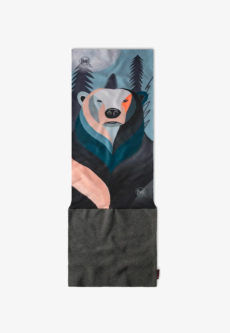 Cuello de botella Buff con un gráfico de un oso en tonos de azul, gris y coral, con una parte inferior texturizada en gris oscuro.