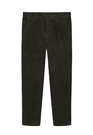 Donkergroene corduroy broek met een getailleerde pasvorm, twee zijzakken en een knoopsluiting aan de voorkant. Zachte textuur en recht model.
