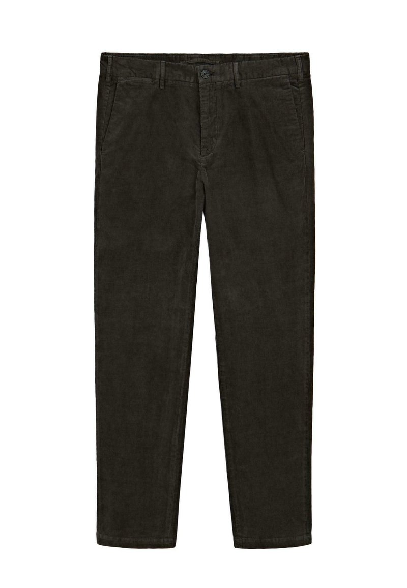 Pantalons en velours côtelé vert foncé avec une coupe ajustée, deux poches latérales et une fermeture à boutons à l'avant. Texture douce et design à jambe droite.