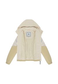 Beige gewatteerde jas met een gladde textuur, voorzien van elastische manchetten, een ritssluiting aan de voorkant en een patroonontwerp op de mouwen.