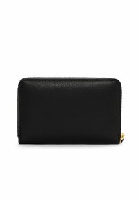 Black leather wallet with a textured surface, zip-around closure, and a gold-tone zipper pull. Rectangular shape suitable for cards and cash.