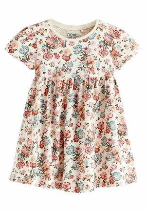 Bloemenjurk met korte mouwen, gemaakt van zachte katoen. Heeft een crèmekleurige achtergrond met kleurrijke bloemmotieven in roze, blauw en groen.