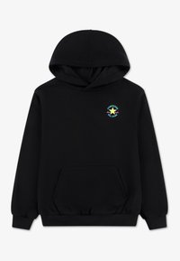 Μαύρο φούτερ με κουκούλα, τσέπη μπροστά, κορδόνι στην κ ουκούλα και πολύχρωμο λογότυπο Converse All Star στο στήθος. Ομαλή υφή υφάσματος.