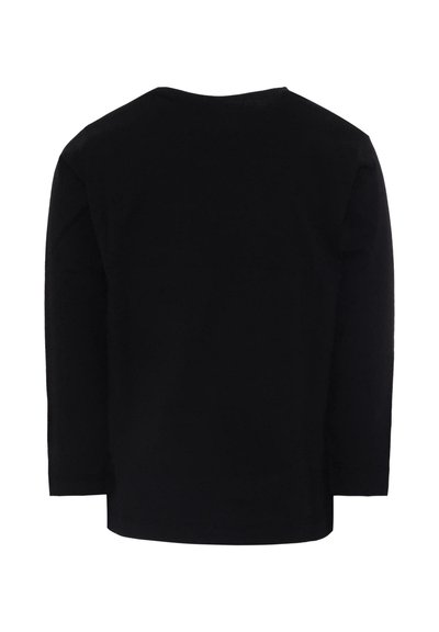 Camicia nera a maniche lunghe con collo a giro, realizzata in materiale di cotone morbido, taglio dritto e senza branding o decorazioni visibili.