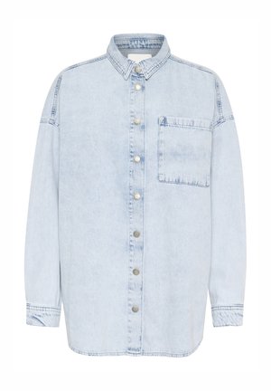 Light blue denim shirt with a button-down front, single chest pocket, and long sleeves. Features silver button hardware and a relaxed fit.