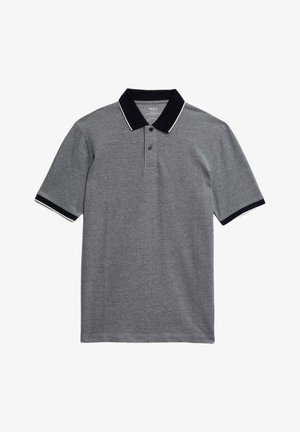 Gray short-sleeve polo shirt made of cotton, featuring a black collar with white accents and two-button placket. Soft texture, casual design.