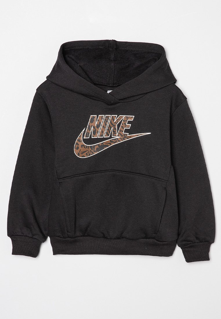 Sweatshirt à capuche noir en mélange de coton, avec un grand logo Nike en imprimé léopard marron sur le devant et une poche avant.