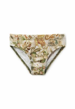 Damen-Bikinislips mit beigem Hintergrund und Muster aus grünen und braunen tropischen Blättern, seitliches Logodetail, elastischer Stoff.