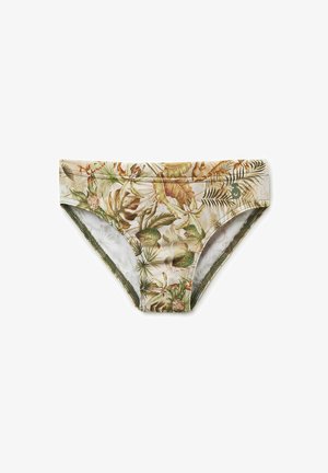 Braguitas de bikini para mujer con fondo beige y patrón de hojas tropicales en verde y marrón, detalle de logo lateral, tela elástica.