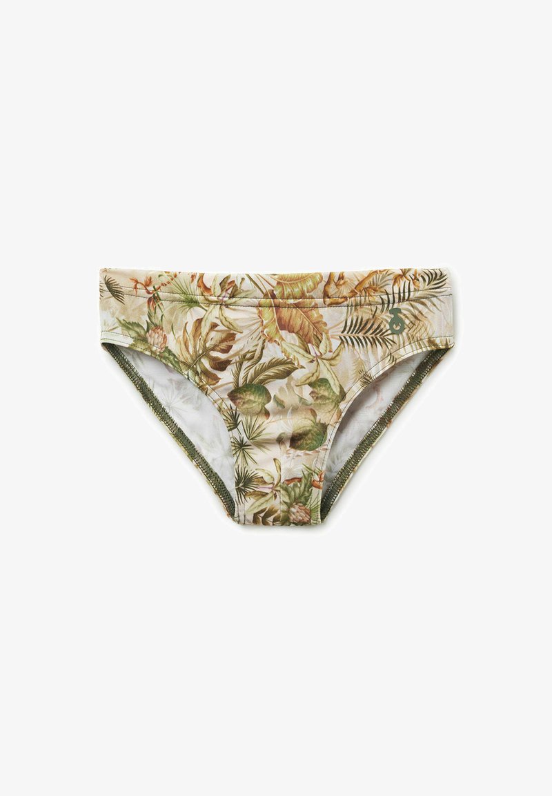 Bas de bikini pour femmes avec fond beige et motif de feuilles tropicales vertes et brunes, détail logo sur le côté, tissu extensible.