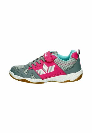 Kinder-Sportschuh in Grau und Pink mit Mesh-Obermaterial, türkisfarbenem Innenfutter, weißer Sohle und Klettverschluss über grauen Schnürsenkeln.