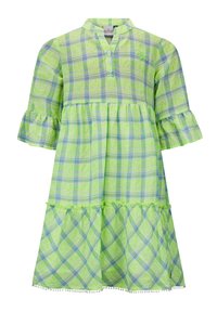 Grünes karierte Kleid mit kurzen Rüschensäumen, knöpfbarem Ausschnitt und einem gestuften Rock mit Spitzenbesatz und Perlenakzenten am Saum.