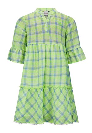 Groen geruit jurkje met korte, gerimpelde mouwen, knoopsluiting bij de hals en een gelaagde rok met kantafwerking en kraalaccenten aan de zoom.
