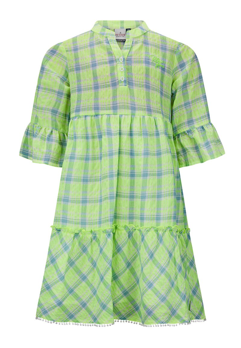 Grünes karierte Kleid mit kurzen Rüschensäumen, knöpfbarem Ausschnitt und einem gestuften Rock mit Spitzenbesatz und Perlenakzenten am Saum.