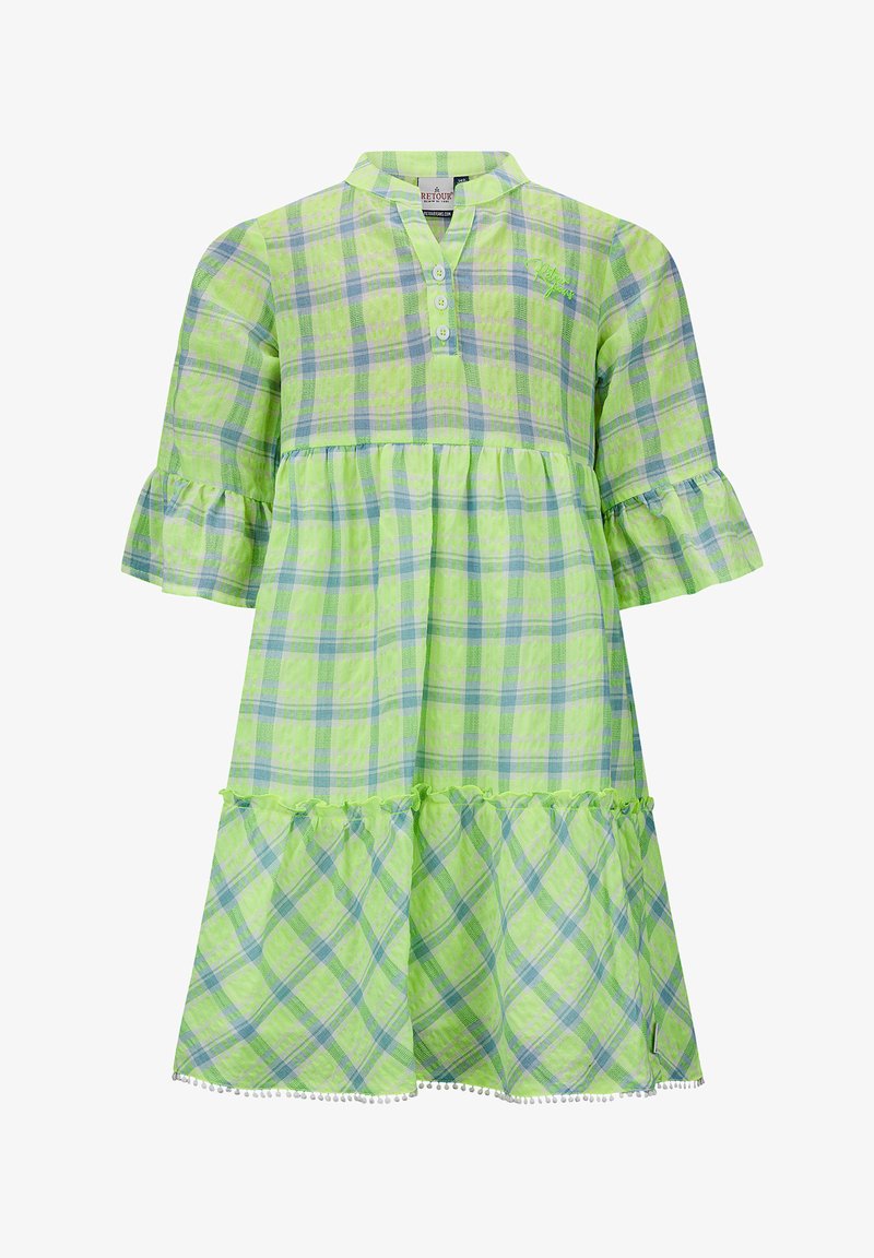 Grünes karierte Kleid mit kurzen Rüschensäumen, knöpfbarem Ausschnitt und einem gestuften Rock mit Spitzenbesatz und Perlenakzenten am Saum.