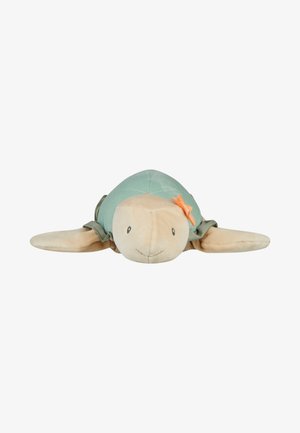 Soft plush sea turtle toy with a green shell and beige limbs, smiling face, and an orange starfish decoration near the head.