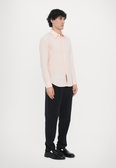 Lichtroze blouse met lange mouwen en een puntige kraag, met een knoopsluiting aan de voorkant, gecombineerd met zwarte broeken en zwarte loafers. Eenvoudig ontwerp en pasvorm.