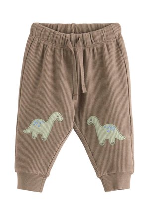 Brune bukser til småbørn med tekstureret stof, elastisk talje, snøre og grønne dinosaur-patches på hvert knæ.