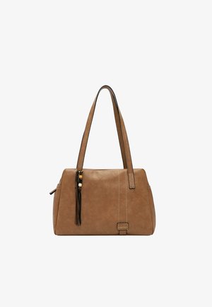 Braune rechteckige Handtasche mit doppelten Schulterriemen, dekorativen Quasten mit Perlen und sichtbaren Steppnähten.