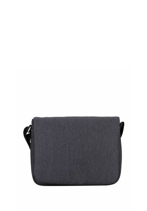 Sac messager compact en tissu gris foncé avec fermeture à rabat et bandoulière noire réglable.