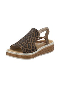 Leopard print sandal with open toe, leather upper, cork wedge sole, and elastic strap detail at the heel. Brown and beige color scheme.