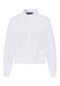 Witte cropped blouse met een klassieke kraag, knoopsluiting aan de voorkant, lange pofmouwen en geplooide details bij de taille. Gemaakt van gladde stof.