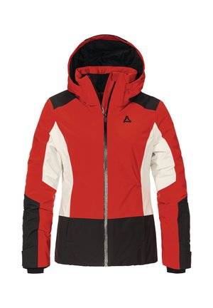 Rote isolierte Jacke mit Kapuze, ausgestattet mit einem schwarz-weißen geometrischen Design, durchgehendem Reißverschluss und elastischen Bündchen. Hergestellt aus wasserdichtem Material.