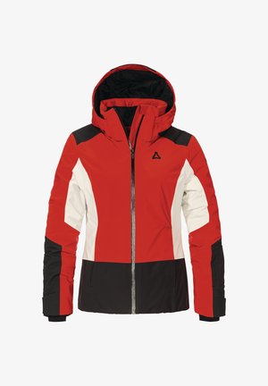 Rote isolierte Jacke mit Kapuze, ausgestattet mit einem schwarz-weißen geometrischen Design, durchgehendem Reißverschluss und elastischen Bündchen. Hergestellt aus wasserdichtem Material.