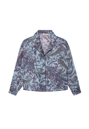 Haut de pyjama bleu clair à manches longues avec un motif floral cachemire multicolore, doté d'un col et d'une patte de boutonnage.