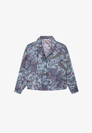 Haut de pyjama bleu clair à manches longues avec un motif floral cachemire multicolore, doté d'un col et d'une patte de boutonnage.