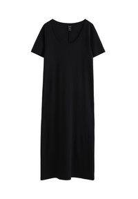 Černé šaty s krátkým rukávem a kulatým výstřihem, vyrobené z měkké, hladké tkaniny. Dress se rovně spouští do délky ke kolenům s minimalistickým designem.