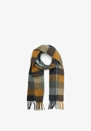 Geweven geruite sjaal met tinten geel, grijs, blauw en groen, met franjes aan de randen en een zachte, gestructureerde afwerking.