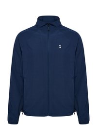 Marineblauwe lichtgewicht jas, met rits aan de voorkant, staande kraag, elastische manchetten, twee zijzakken, soepele stof met een subtiele glans, minimale branding.