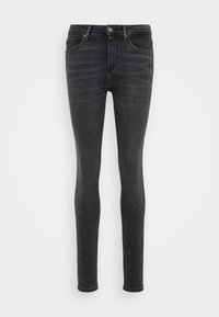 Jeans ajustados en denim gris oscuro, con un diseño clásico de cinco bolsillos, pasadores para cinturón y un cierre de cremallera con botón.