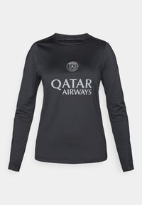 Hosszú ujjú fekete sportpóló sima anyagból, ezüst "Qatar Airways" logóval és kerek nyakkivágással, finom márkajelzéssel.