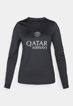Maglietta sportiva nera a manica lunga realizzata in materiale liscio, con il logo "Qatar Airways" in argento e un design a girocollo con un branding discreto.