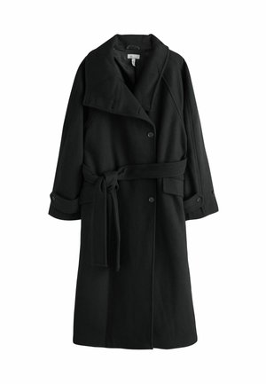 Must musta trench coat laia kraega, topelt nööbid, vöökoht ja mansetid. Sile tekstuur.