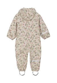 Blomstret børne regnsæt i beige, med hætte, elastiske manchetter, reflekterende stripe og et mønster af kaniner og blomster.