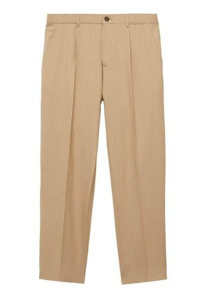 Beige op maat gemaakte broek met een recht model, voorzien van een knoopsluiting, plooien en zijzakken gemaakt van een gladde stof.