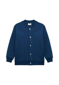 Marineblauwe jas van gestructureerde stof, met een ronde halslijn, drukknoopsluiting en geribbelde boorden en onderrand. Casual ontwerp.