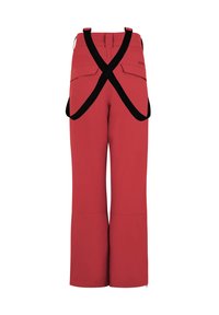 Pantaloni da esterno rossi con un design a gamba larga, bretelle nere regolabili e due tasche posteriori. Tessuto liscio e materiale durevole.