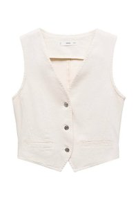 Gilet sans manches beige avec un profond col en V, cinq boutons argentés, deux poches avant et un tissu texturé. Le design a une coupe ajustée.